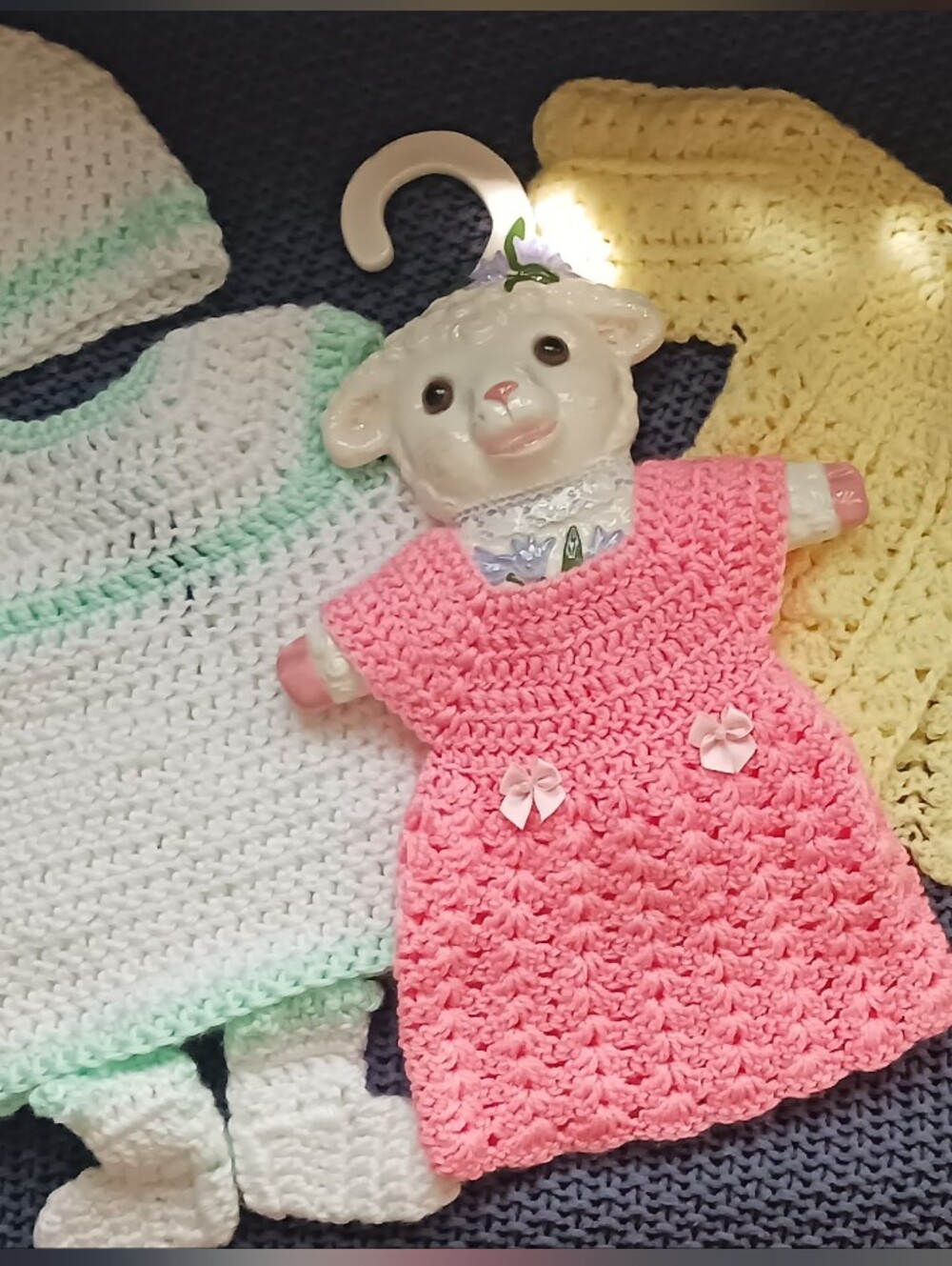 Doll Clothes Vintage Knitted Trio W/ Lamb Hanger Ceramic Cottagecore